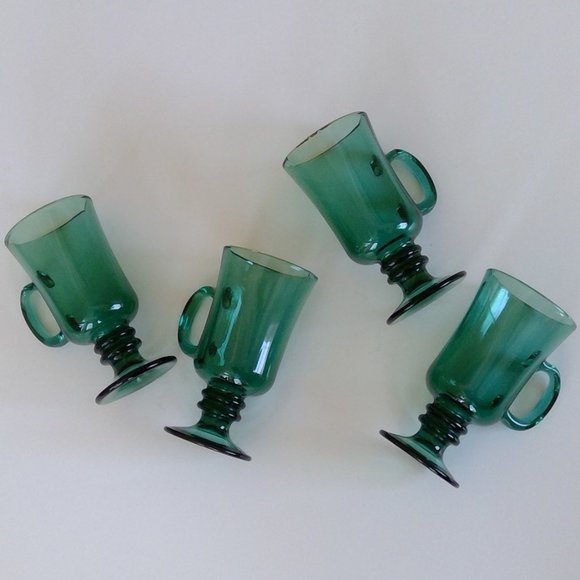 S/4 Gold-rimmed Green Vintage Libbey Irish Coffee Pedestal Mugs, St. Patty's Day - Picture 1 of 10